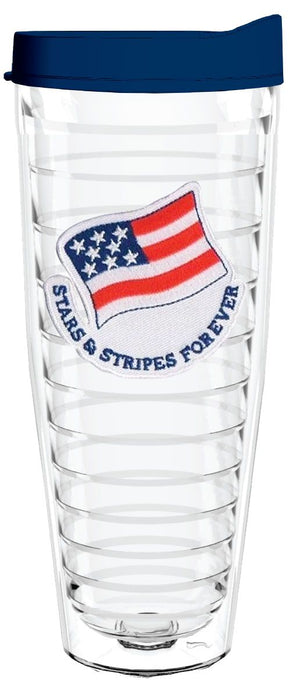 Stars and Stripes Forever - Smile Drinkware USASmile Drinkware USAtumblerStars and Stripes Forever tumbler 26oz insulated plastic tumbler with embroidered flag patch. Come with a blue lid and straw.